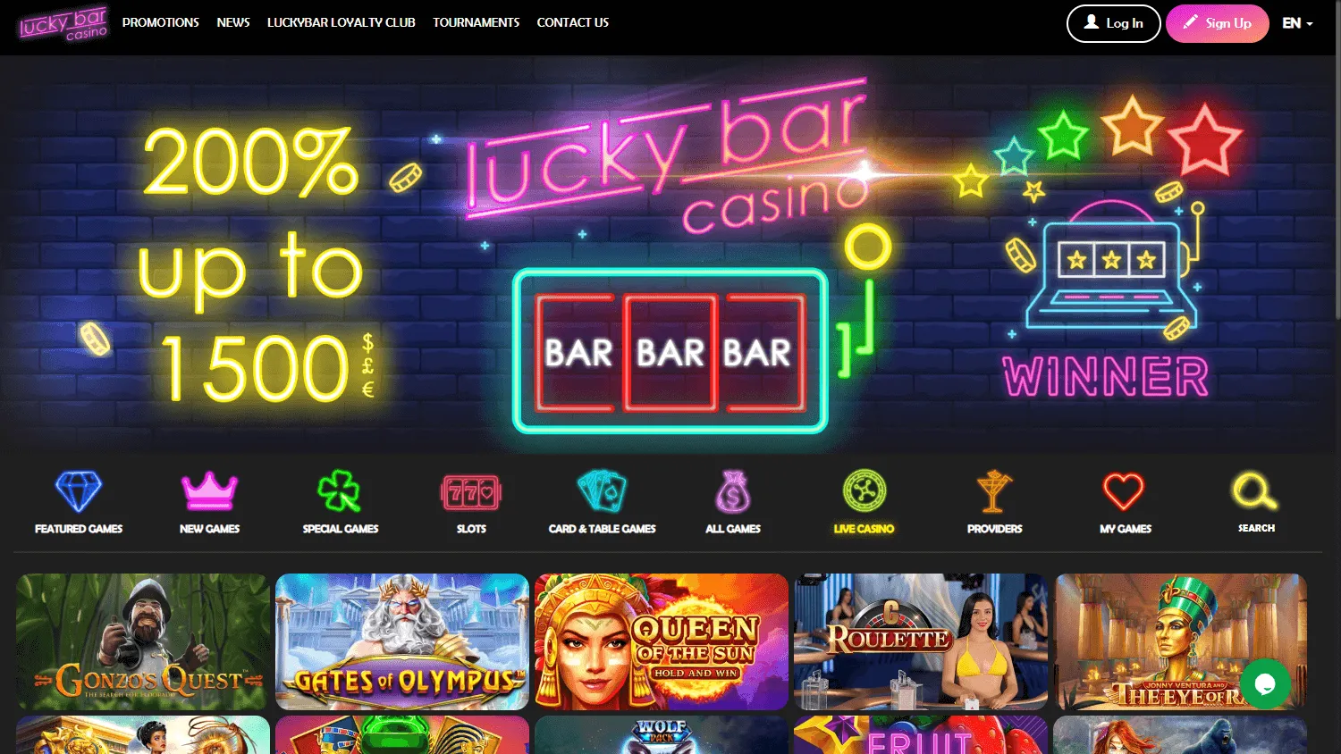 Lucky Bar Casino desktop casino interface with AUD account access and casino game options